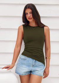 PRETTYGARDEN Womens Tank Top Spring Ruched Asymmetrical Going Out Top Slim Fit Sleeveless Shirts Summer Clothes PRETTYGARDEN