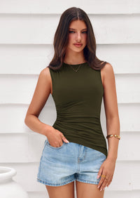 PRETTYGARDEN Womens Tank Top Spring Ruched Asymmetrical Going Out Top Slim Fit Sleeveless Shirts Summer Clothes PRETTYGARDEN