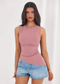 PRETTYGARDEN Womens Tank Top Spring Ruched Asymmetrical Going Out Top Slim Fit Sleeveless Shirts Summer Clothes PRETTYGARDEN