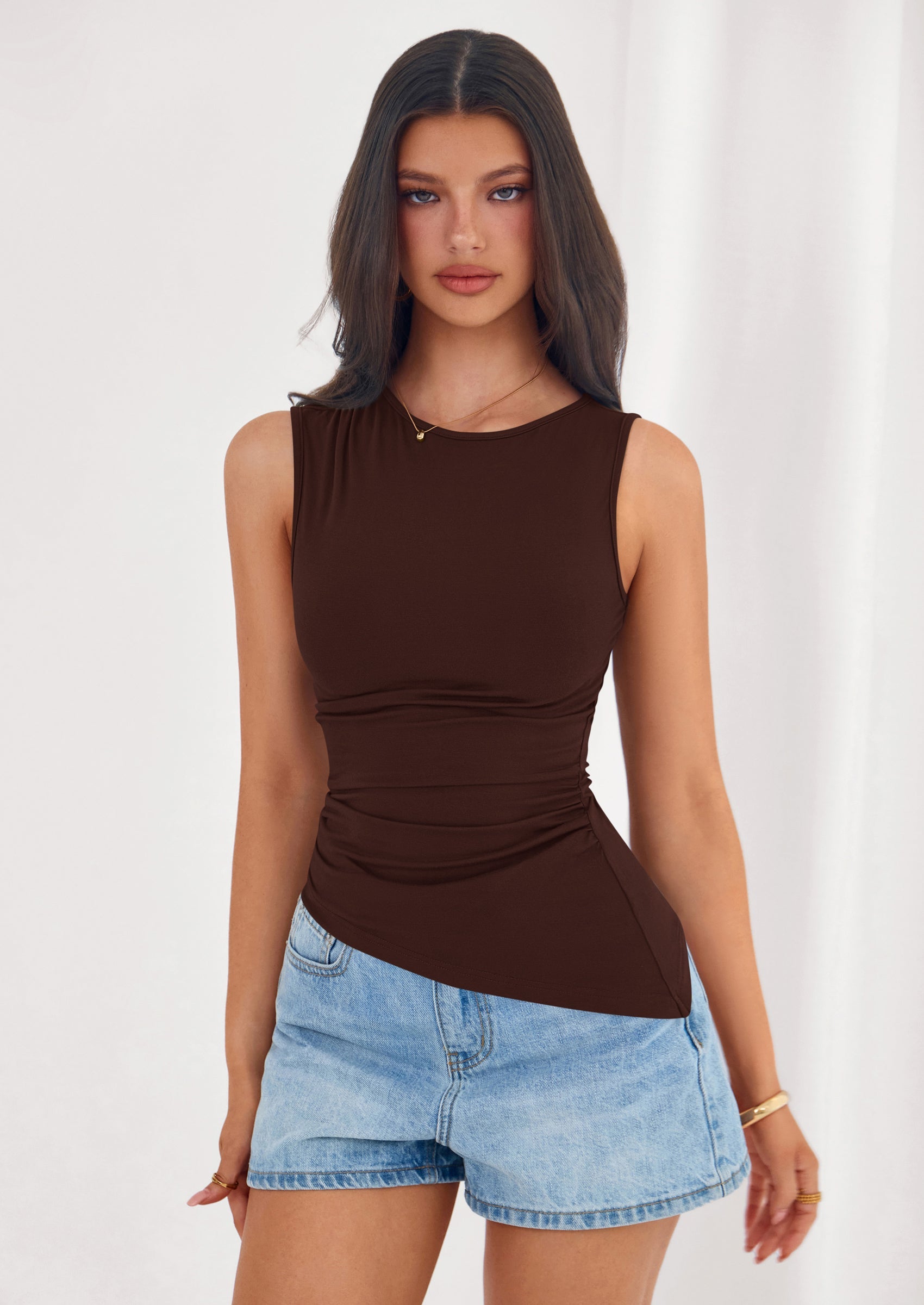 PRETTYGARDEN Womens Tank Top Spring Ruched Asymmetrical Going Out Top Slim Fit Sleeveless Shirts Summer Clothes PRETTYGARDEN