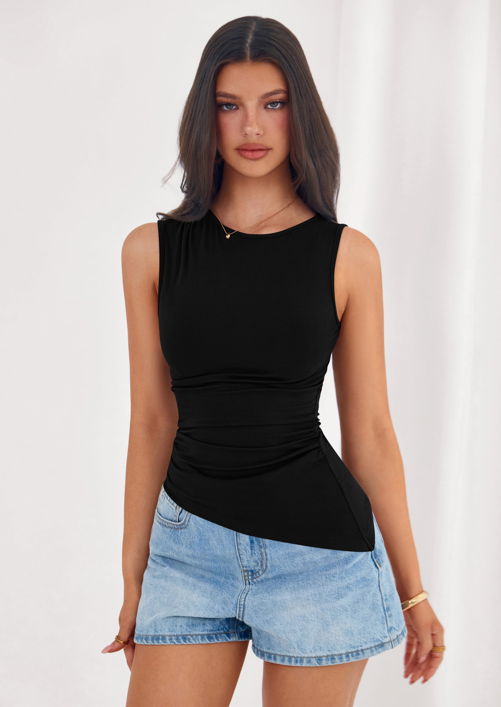 PRETTYGARDEN Womens Tank Top Spring Ruched Asymmetrical Going Out Top Slim Fit Sleeveless Shirts Summer Clothes PRETTYGARDEN