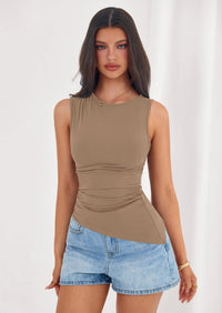 PRETTYGARDEN Womens Tank Top Spring Ruched Asymmetrical Going Out Top Slim Fit Sleeveless Shirts Summer Clothes PRETTYGARDEN