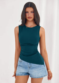 PRETTYGARDEN Womens Tank Top Spring Ruched Asymmetrical Going Out Top Slim Fit Sleeveless Shirts Summer Clothes PRETTYGARDEN