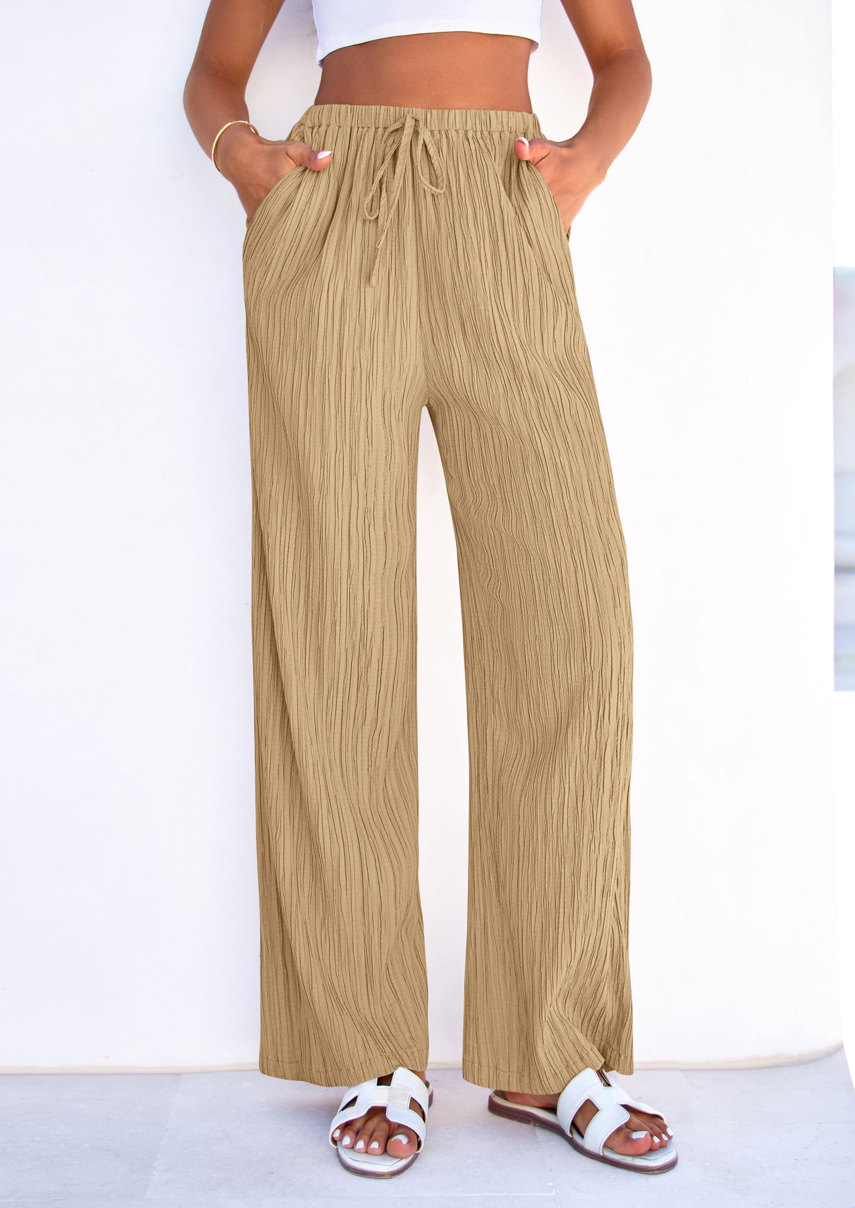 PRETTYGARDEN Womens Palazzo Pants Summer Fashion High Waisted Wide Leg Drawstring Flowy Beach Trousers with Pockets PRETTYGARDEN