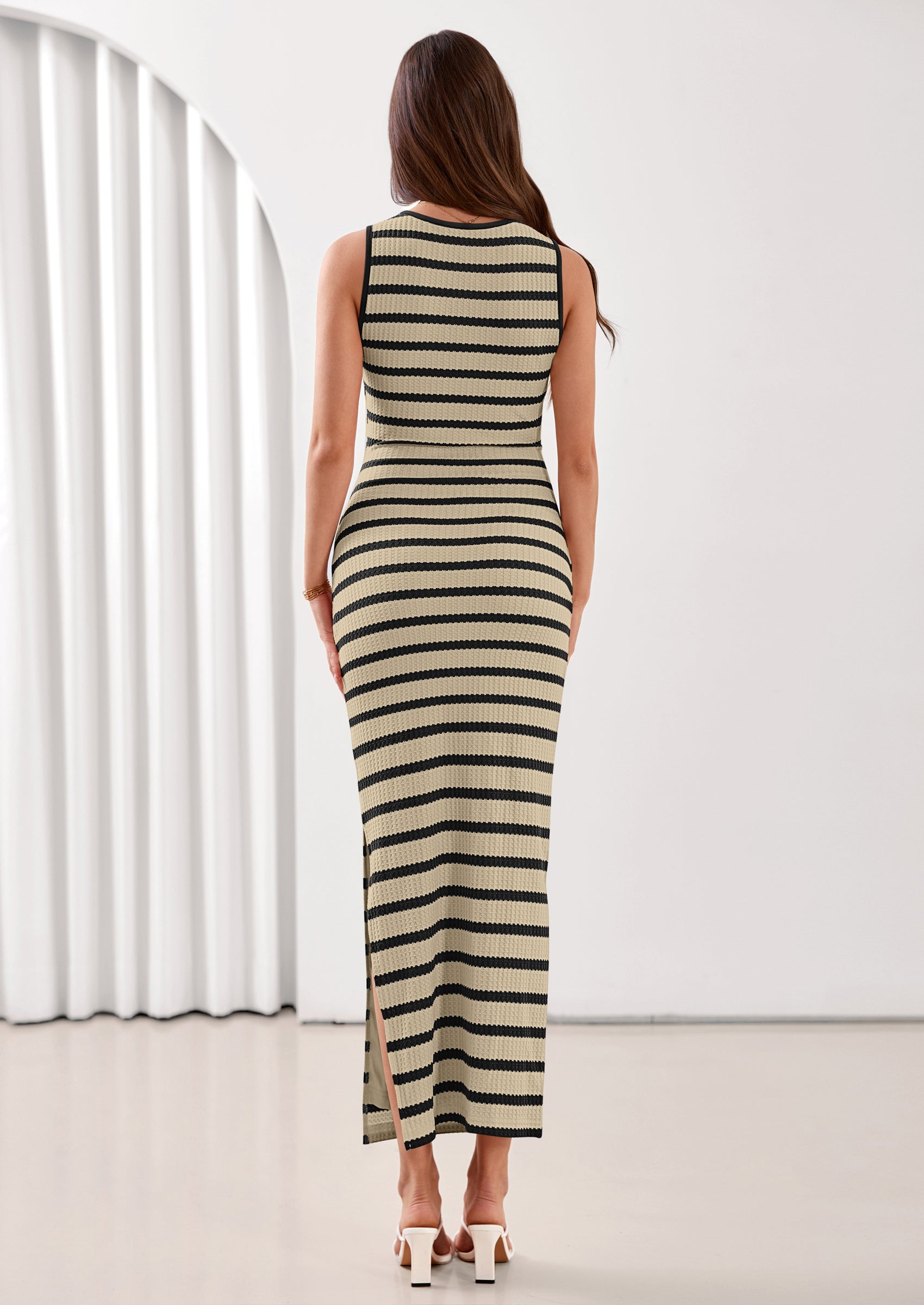 PRETTYGARDEN Sundresses for Women Summer Striped Knit Side Slit Spring Fashion Bodycon Maxi Dress Beach Vacation Clothes PRETTYGARDEN