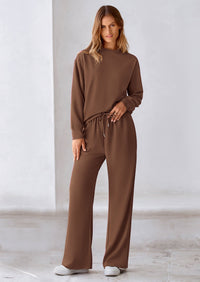 PRETTYGARDEN 2 Piece Long Sleeve Pullover Tops and Wide Leg Pants Knitted Lounge Sets PRETTYGARDEN