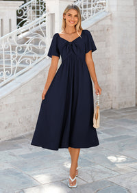 PRETTYGARDEN Summer Dress for Women Casual Short Sleeve Bow Tie V Neck Ruffle Midi Flowy Dresses