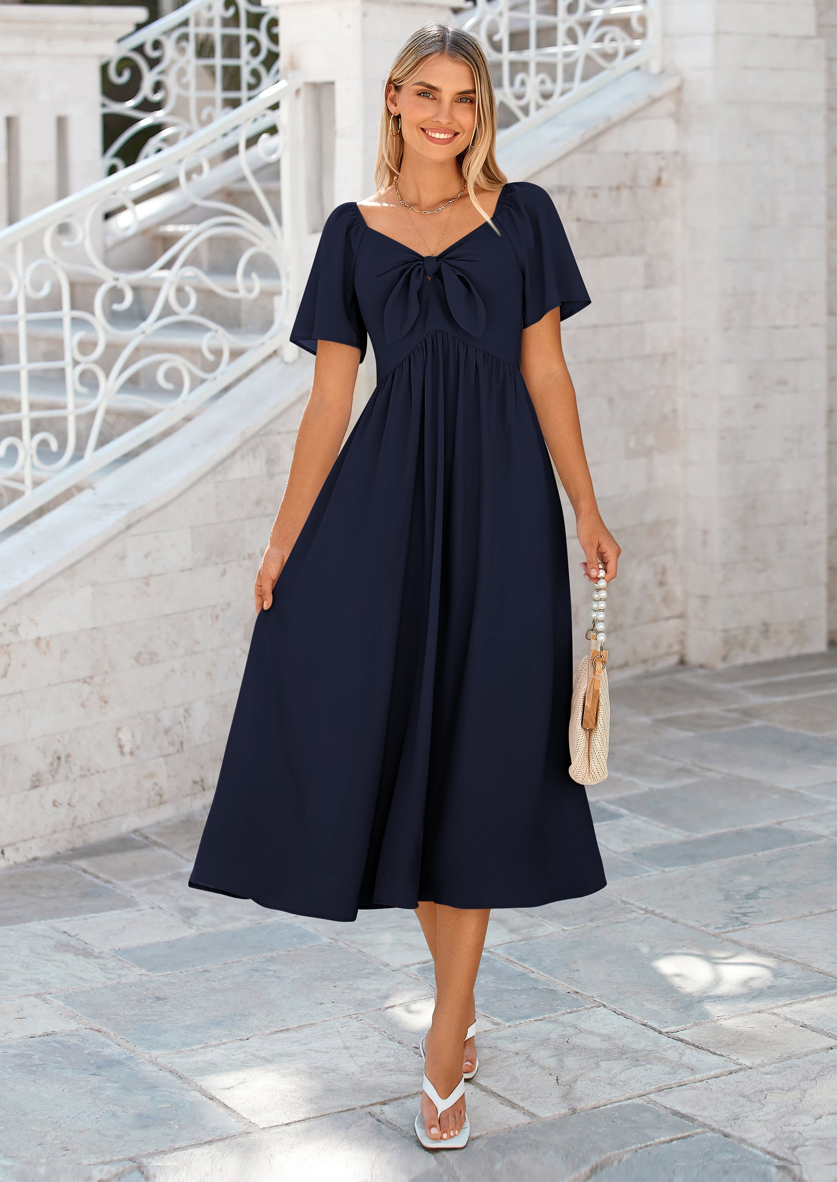 PRETTYGARDEN Summer Dress for Women Casual Short Sleeve Bow Tie V Neck Ruffle Midi Flowy Dresses