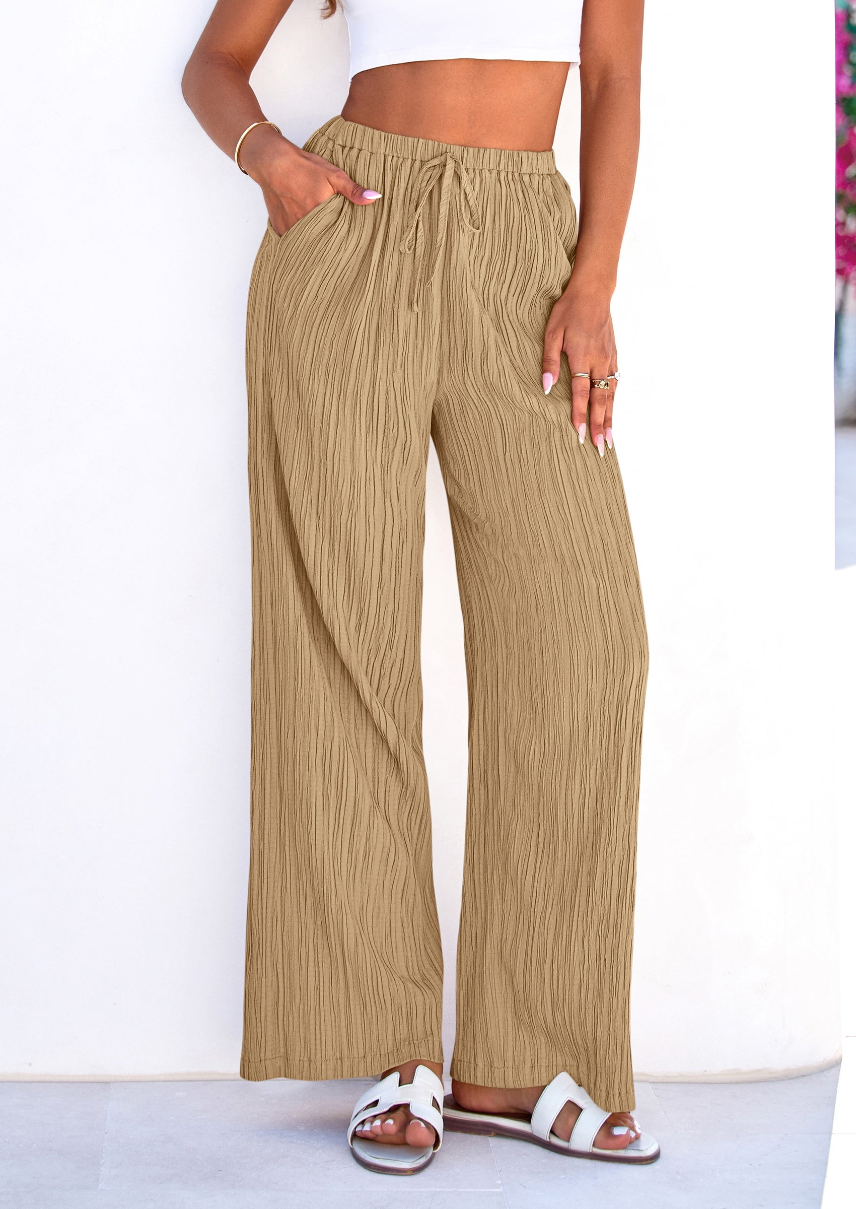 PRETTYGARDEN Womens Palazzo Pants Summer Fashion High Waisted Wide Leg Drawstring Flowy Beach Trousers with Pockets PRETTYGARDEN