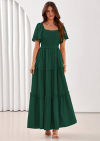 PRETTYGARDEN Summer Dresses for Women Boho Swiss Dot Smocked Square Neck Short Sleeve Spring Wedding Guest Maxi Dress PRETTYGARDEN