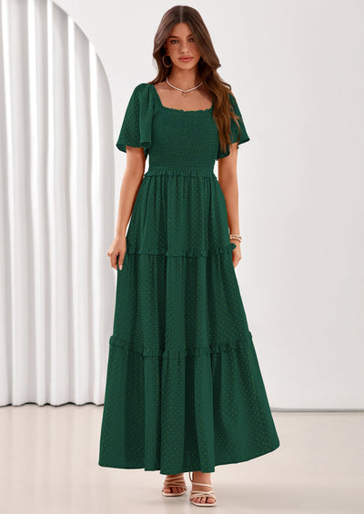 PRETTYGARDEN Summer Dresses for Women Boho Swiss Dot Smocked Square Neck Short Sleeve Spring Wedding Guest Maxi Dress PRETTYGARDEN