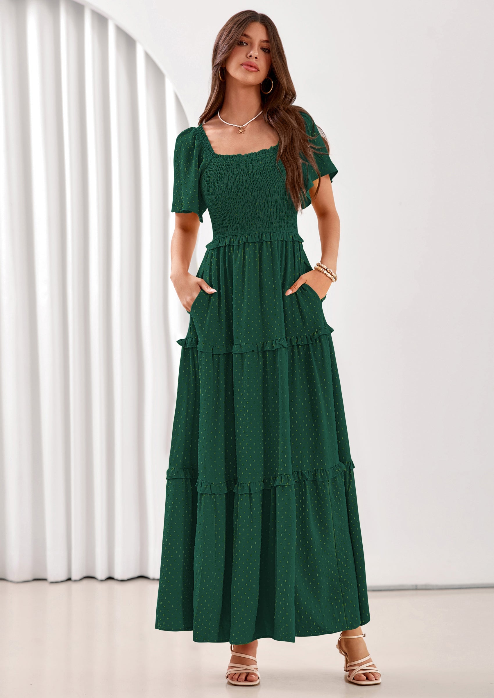 PRETTYGARDEN Summer Dresses for Women Boho Swiss Dot Smocked Square Neck Short Sleeve Spring Wedding Guest Maxi Dress PRETTYGARDEN