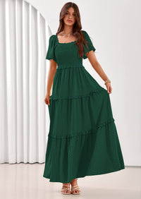 PRETTYGARDEN Summer Dresses for Women Boho Swiss Dot Smocked Square Neck Short Sleeve Spring Wedding Guest Maxi Dress PRETTYGARDEN