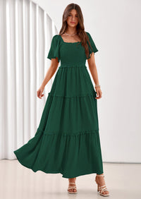 PRETTYGARDEN Summer Dresses for Women Boho Swiss Dot Smocked Square Neck Short Sleeve Spring Wedding Guest Maxi Dress PRETTYGARDEN