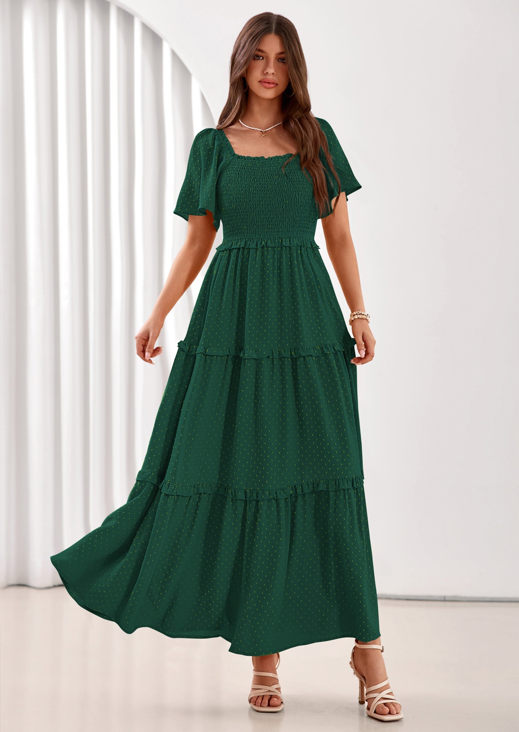 PRETTYGARDEN Summer Dresses for Women Boho Swiss Dot Smocked Square Neck Short Sleeve Spring Wedding Guest Maxi Dress PRETTYGARDEN