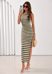 PRETTYGARDEN Sundresses for Women Summer Striped Knit Side Slit Spring Fashion Bodycon Maxi Dress Beach Vacation Clothes PRETTYGARDEN