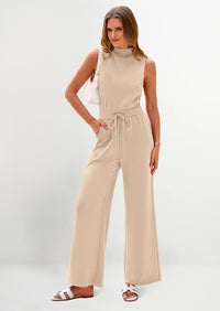 PRETTYGARDEN Jumpsuits Dressy Outfits Casual Sleeveless Mock Neck Wide Leg Pants Rompers