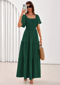 PRETTYGARDEN Summer Dresses for Women Boho Swiss Dot Smocked Square Neck Short Sleeve Spring Wedding Guest Maxi Dress PRETTYGARDEN