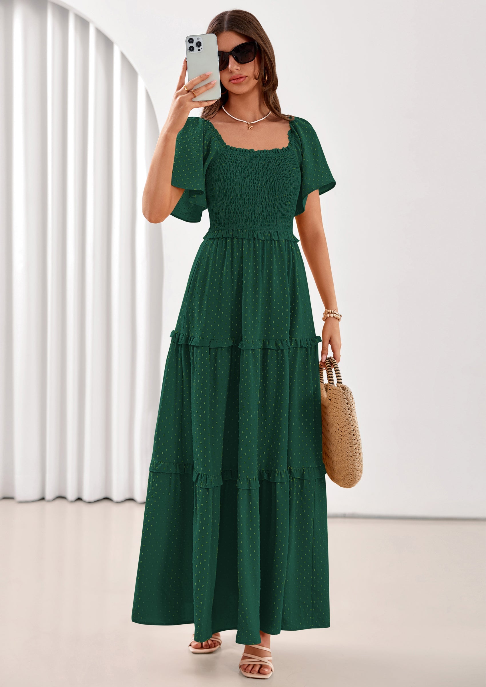 PRETTYGARDEN Summer Dresses for Women Boho Swiss Dot Smocked Square Neck Short Sleeve Spring Wedding Guest Maxi Dress PRETTYGARDEN