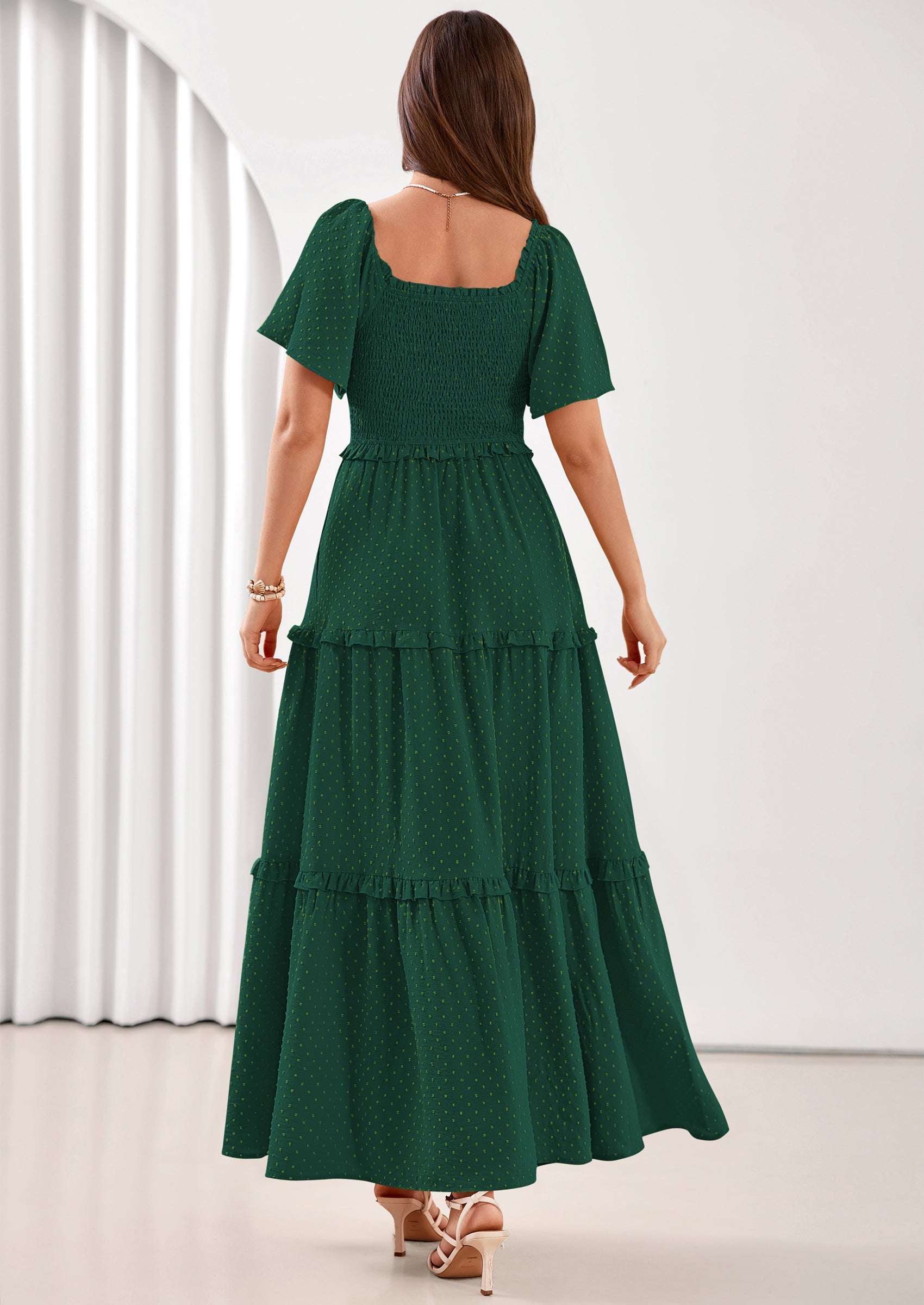 PRETTYGARDEN Summer Dresses for Women Boho Swiss Dot Smocked Square Neck Short Sleeve Spring Wedding Guest Maxi Dress PRETTYGARDEN