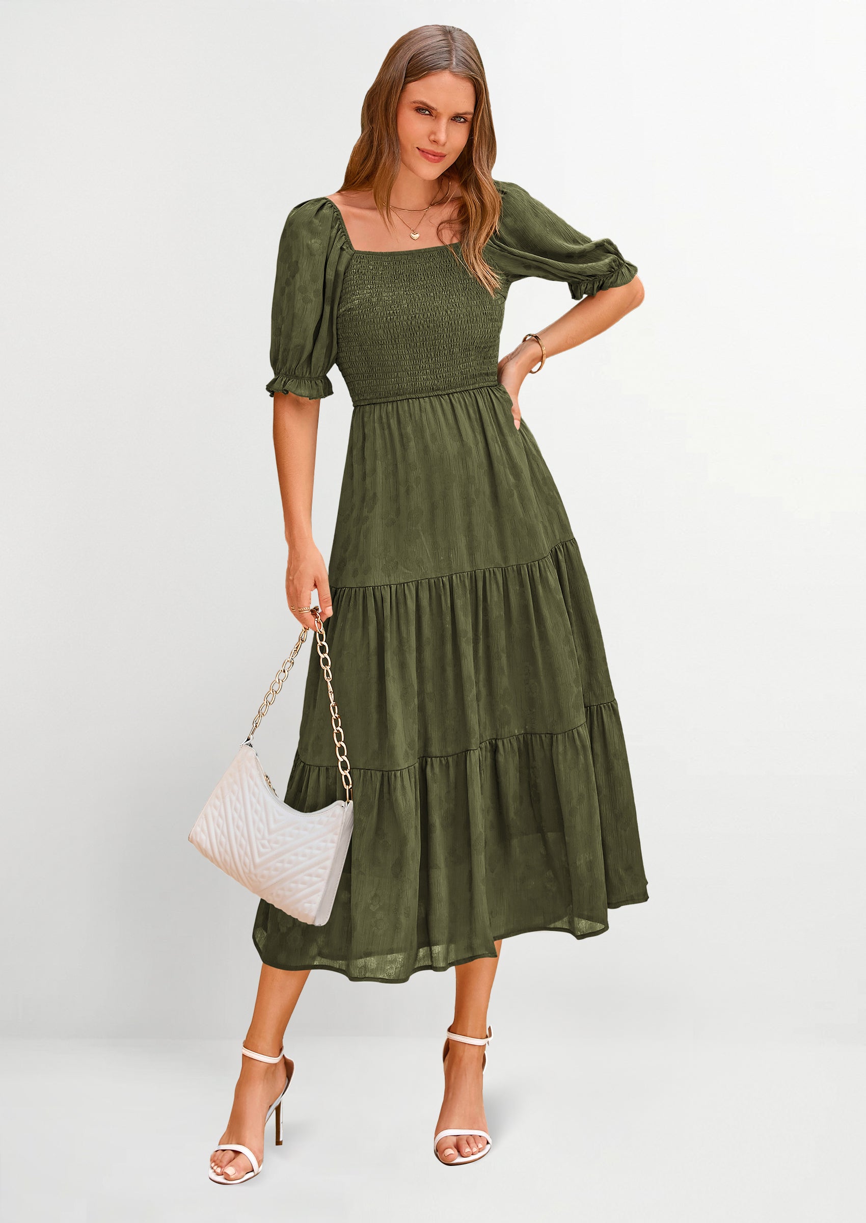 PRETTYGARDEN Women's Casual Midi Dresses Square Neck Short Sleeve Smocked A Line Floral Flowy Elegant Boho Dress