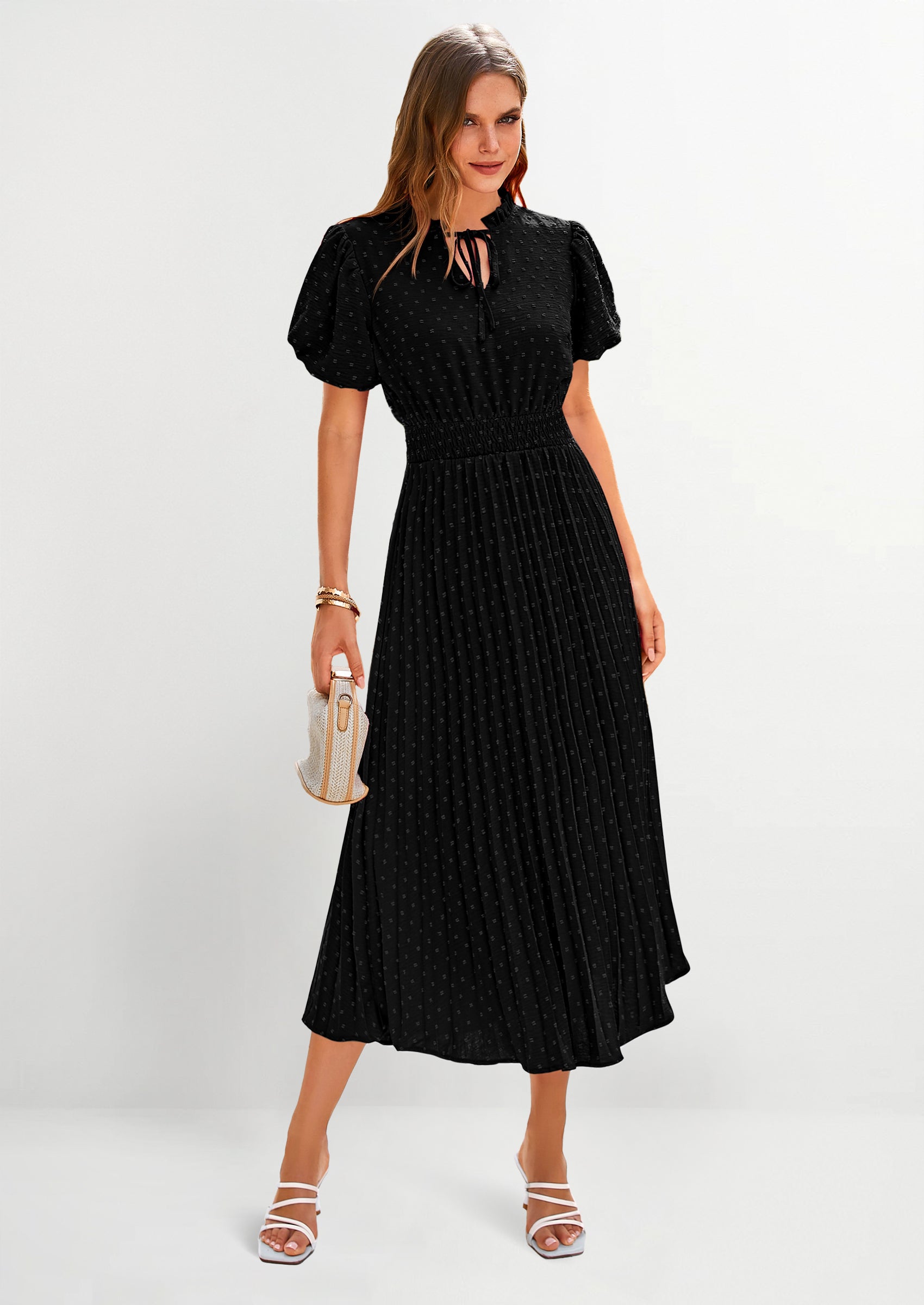 PRETTYGARDEN Womens Midi Dresses Puff Short Sleeve V Neck Swiss Dot Pl PRETTYGARDEN Womens Midi Dresses Puff Short Sleeve V Neck Swiss Dot Pl
