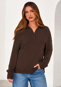 PRETTYGARDEN Womens Sweaters Quarter Zip Pullover Early Fall Fashion Long Sleeve V Neck Collared Knit Winter Jumper Tops