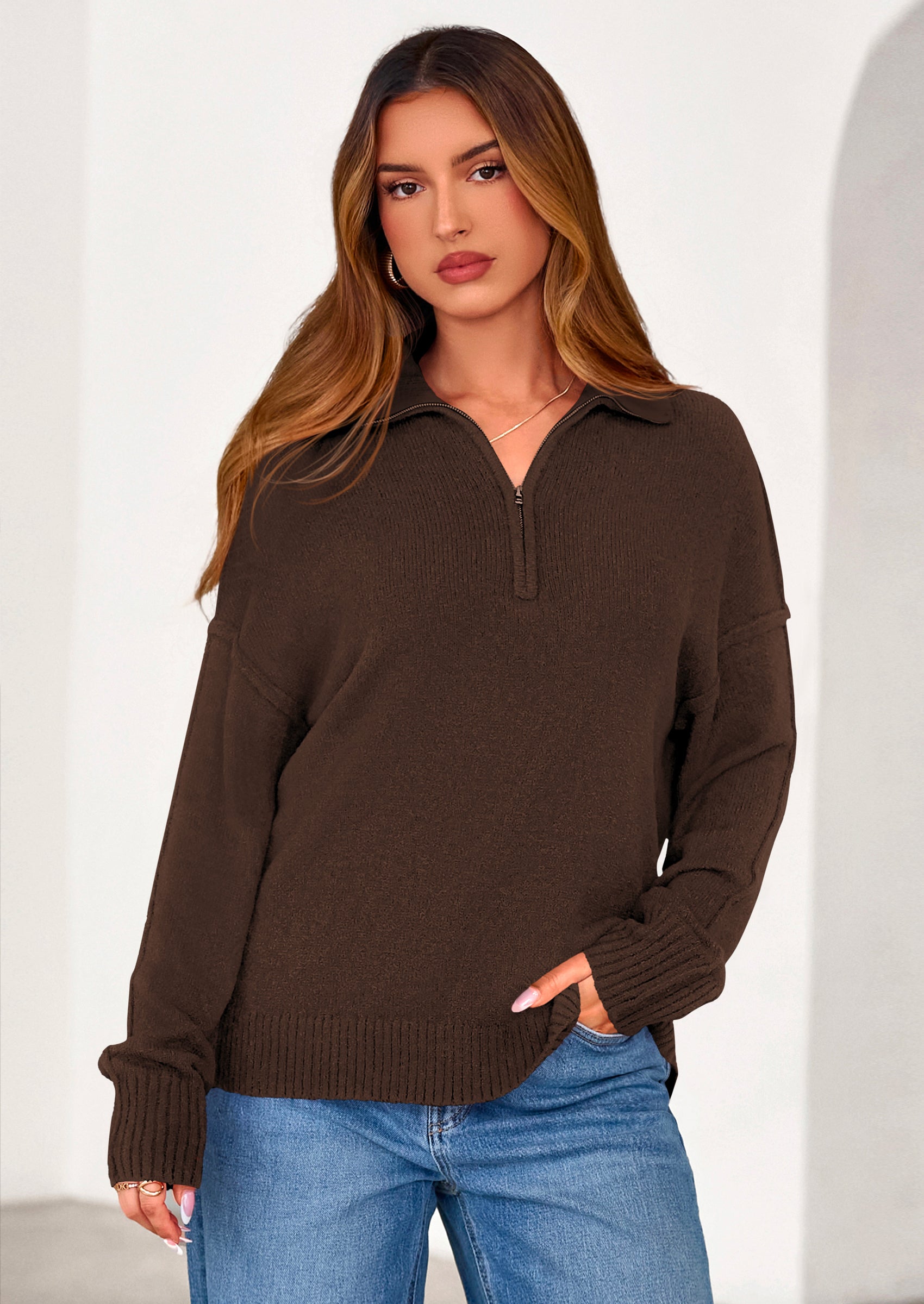 PRETTYGARDEN Womens Sweaters Quarter Zip Pullover Early Fall Fashion Long Sleeve V Neck Collared Knit Winter Jumper Tops