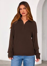 PRETTYGARDEN Womens Sweaters Quarter Zip Pullover Early Fall Fashion Long Sleeve V Neck Collared Knit Winter Jumper Tops