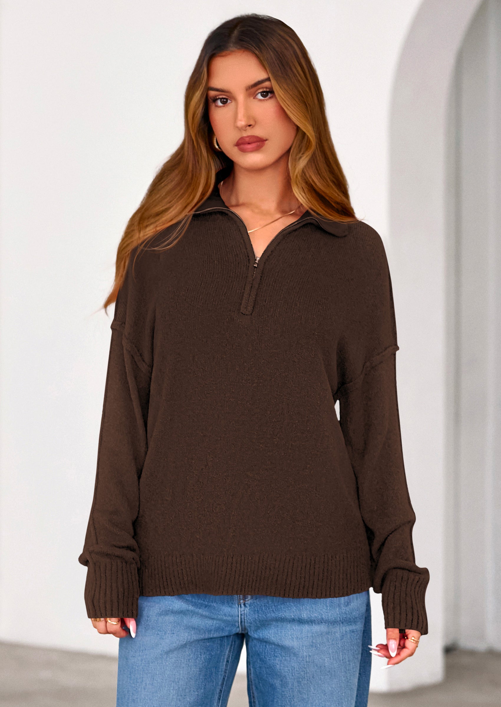 PRETTYGARDEN Womens Sweaters Quarter Zip Pullover Early Fall Fashion Long Sleeve V Neck Collared Knit Winter Jumper Tops