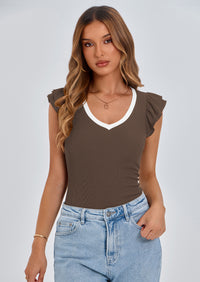 PRETTYGARDEN Womens V Neck Summer Tops Ruffle Sleeveless Slim Fit T Shirts Going Out Casual Blouses