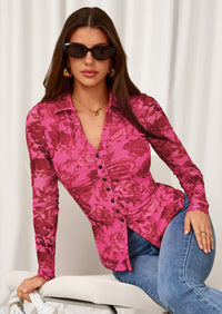 PRETTYGARDEN Women Button Down Floral Shirts Fall Trendy Long Sleeve V Neck Ruched Fitted Mesh Blouse Tops Date Outfits