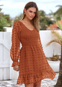 BTFBM Spring Dresses for Women 2026 Long Sleeve Casual V Neck Swiss Dot Smocked Ruffle Chiffon Flowy Mini Summer Dress PRETTYGARDEN