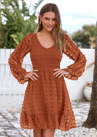 BTFBM Spring Dresses for Women 2026 Long Sleeve Casual V Neck Swiss Dot Smocked Ruffle Chiffon Flowy Mini Summer Dress PRETTYGARDEN