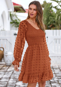 BTFBM Spring Dresses for Women 2026 Long Sleeve Casual V Neck Swiss Dot Smocked Ruffle Chiffon Flowy Mini Summer Dress PRETTYGARDEN