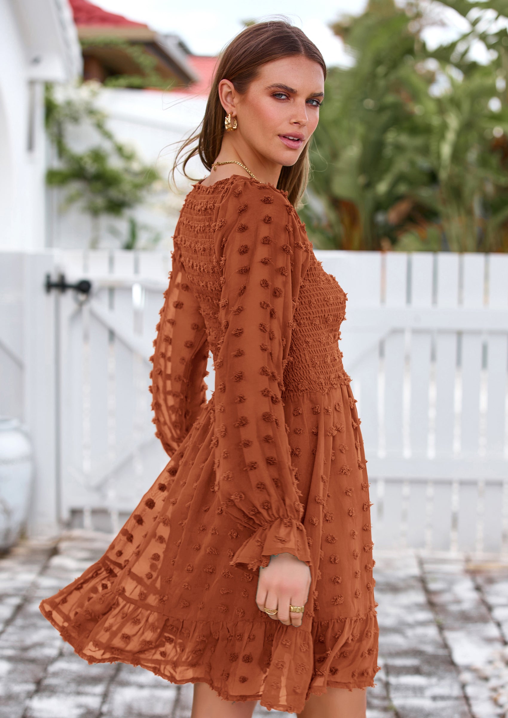 BTFBM Spring Dresses for Women 2026 Long Sleeve Casual V Neck Swiss Dot Smocked Ruffle Chiffon Flowy Mini Summer Dress PRETTYGARDEN