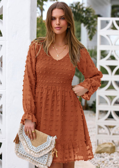 BTFBM Spring Dresses for Women 2026 Long Sleeve Casual V Neck Swiss Dot Smocked Ruffle Chiffon Flowy Mini Summer Dress PRETTYGARDEN