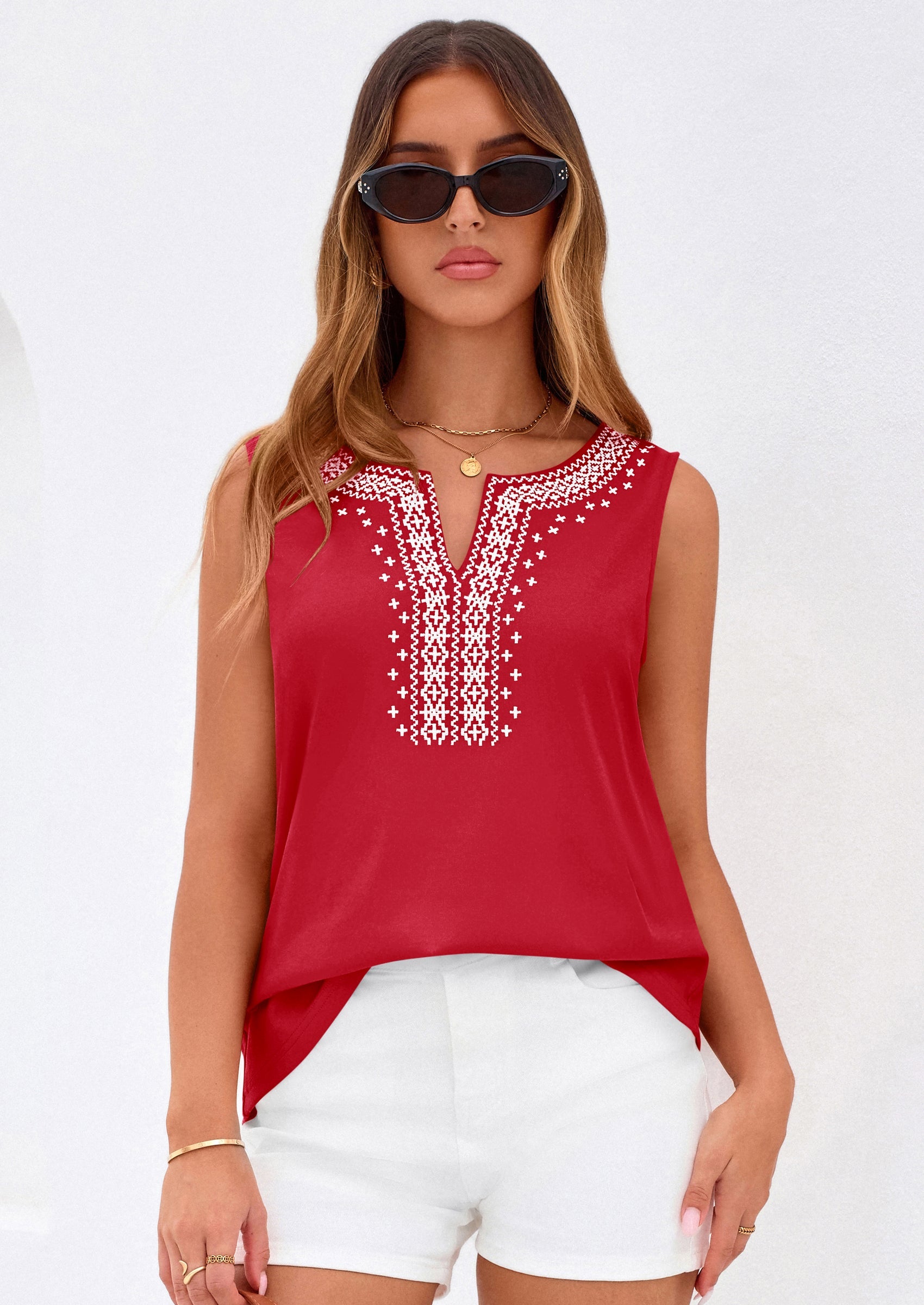 PRETTYGARDEN Womens Tank Tops Summer Causal V Neck Sleeveless Shirts Floral Print Embroidered Beach Vacation Boho Top PRETTYGARDEN