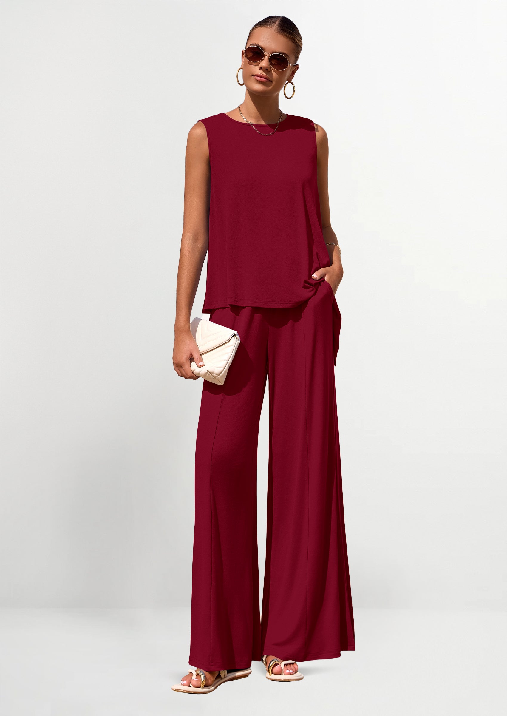 PRETTYGARDEN Women's Two Piece Matching Lounge Sets Asymmetrical Split Tank Tops Wide Leg Pants Summer Outfits Tracksuit