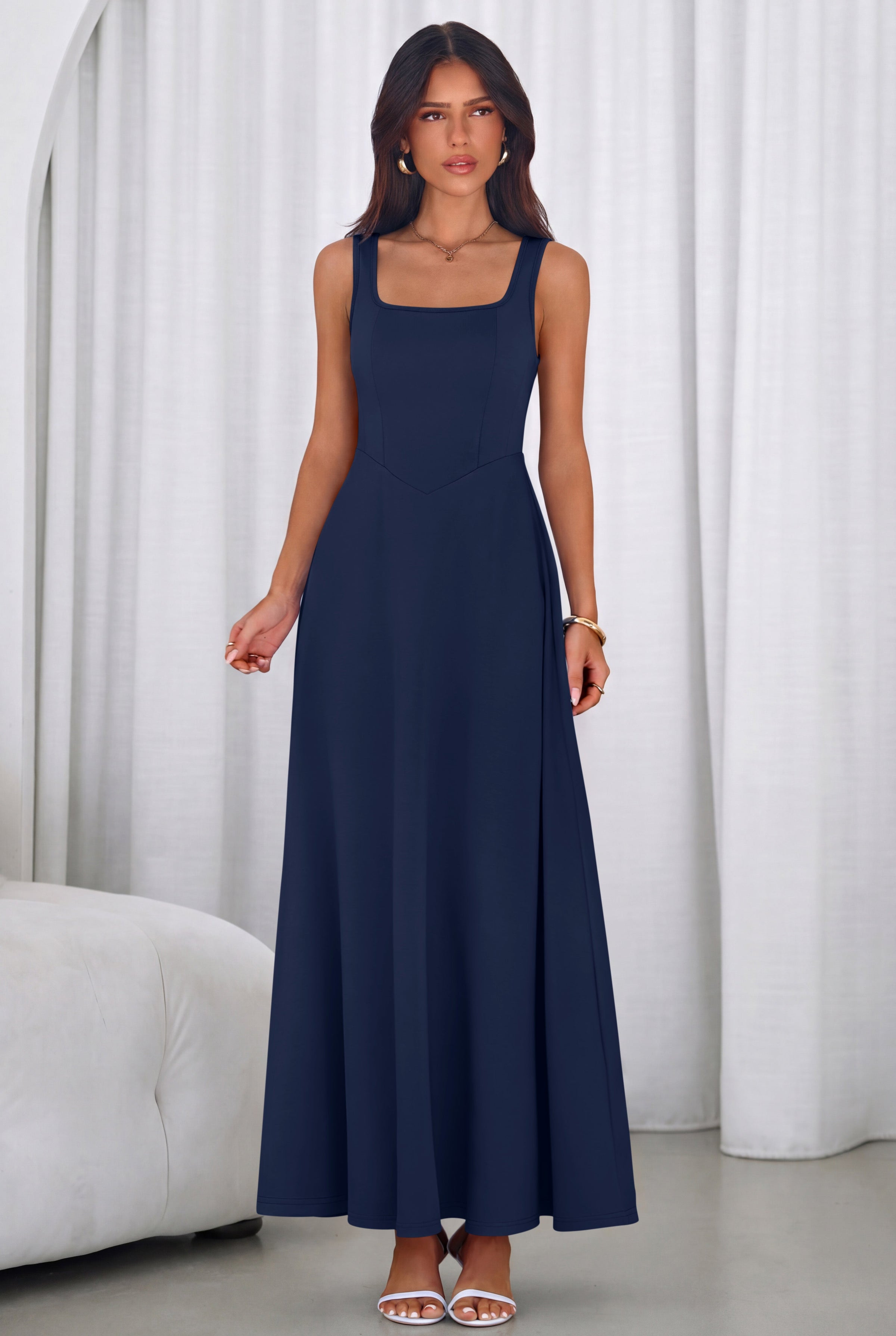 PRETTYGARDEN Womens Summer Dresses Sleeveless Elegant Square Neck Aline Swing Maxi Beach Wedding Guest Dress Pockets PRETTYGARDEN