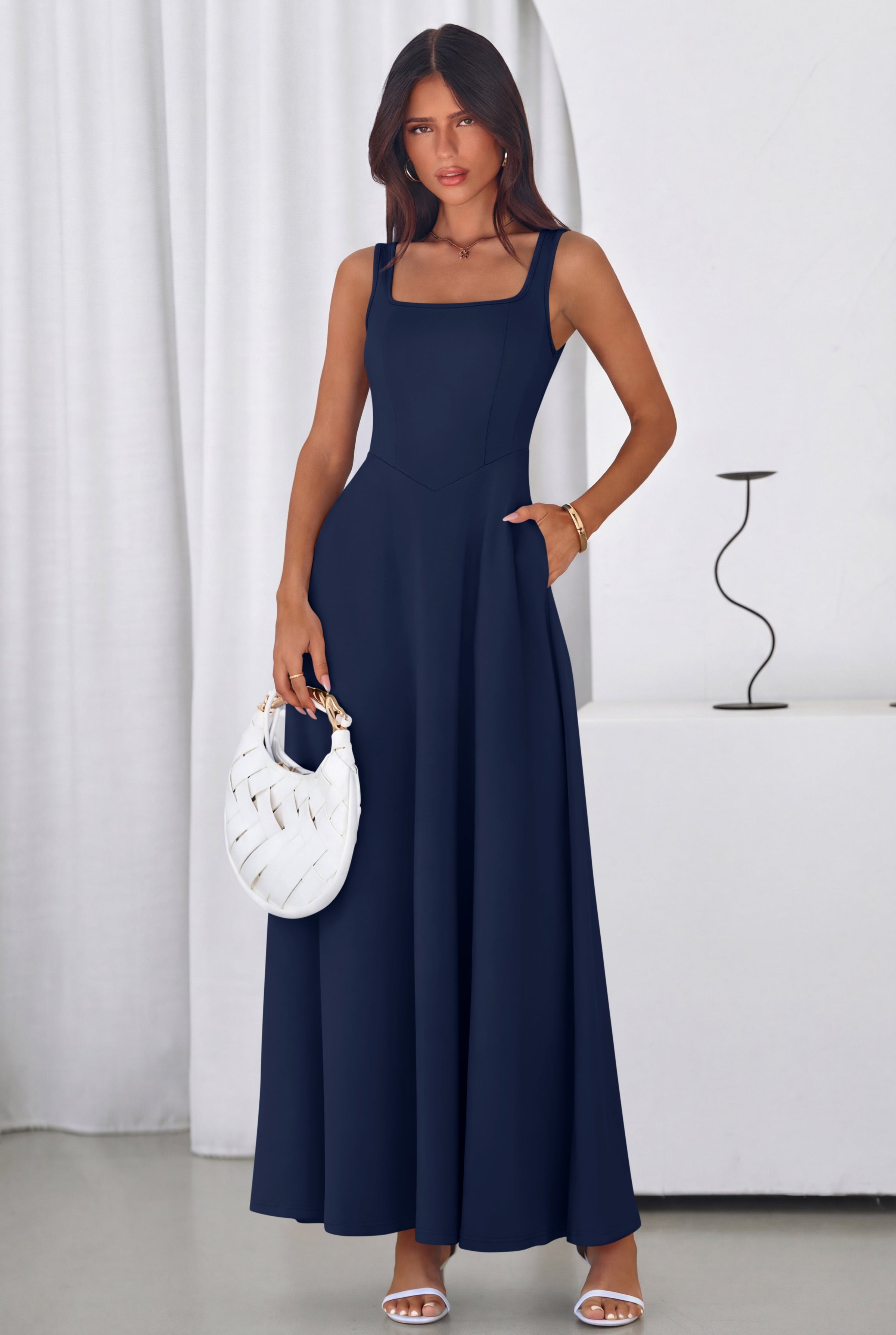 PRETTYGARDEN Womens Summer Dresses Sleeveless Elegant Square Neck Aline Swing Maxi Beach Wedding Guest Dress Pockets PRETTYGARDEN