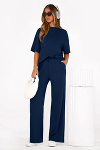 PRETTYGARDEN Women's Summer 2 Piece Lounge Set Short Sleeve Tops Wide Leg Pants Spring Vacation Travel Outfits Clothes PRETTYGARDEN