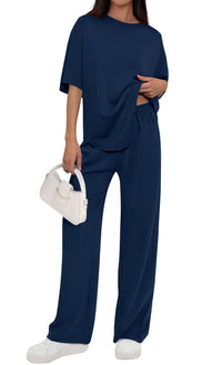 PRETTYGARDEN Women's Summer 2 Piece Lounge Set Short Sleeve Tops Wide Leg Pants Spring Vacation Travel Outfits Clothes PRETTYGARDEN