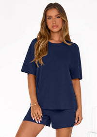 PRETTYGARDEN Women's 2 Piece Lounge Sets Short Sleeve Shirts Casual Tops Shorts Matching Clothing Summer Airport Outfits PRETTYGARDEN