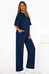 PRETTYGARDEN Women's Summer 2 Piece Lounge Set Short Sleeve Tops Wide Leg Pants Spring Vacation Travel Outfits Clothes PRETTYGARDEN