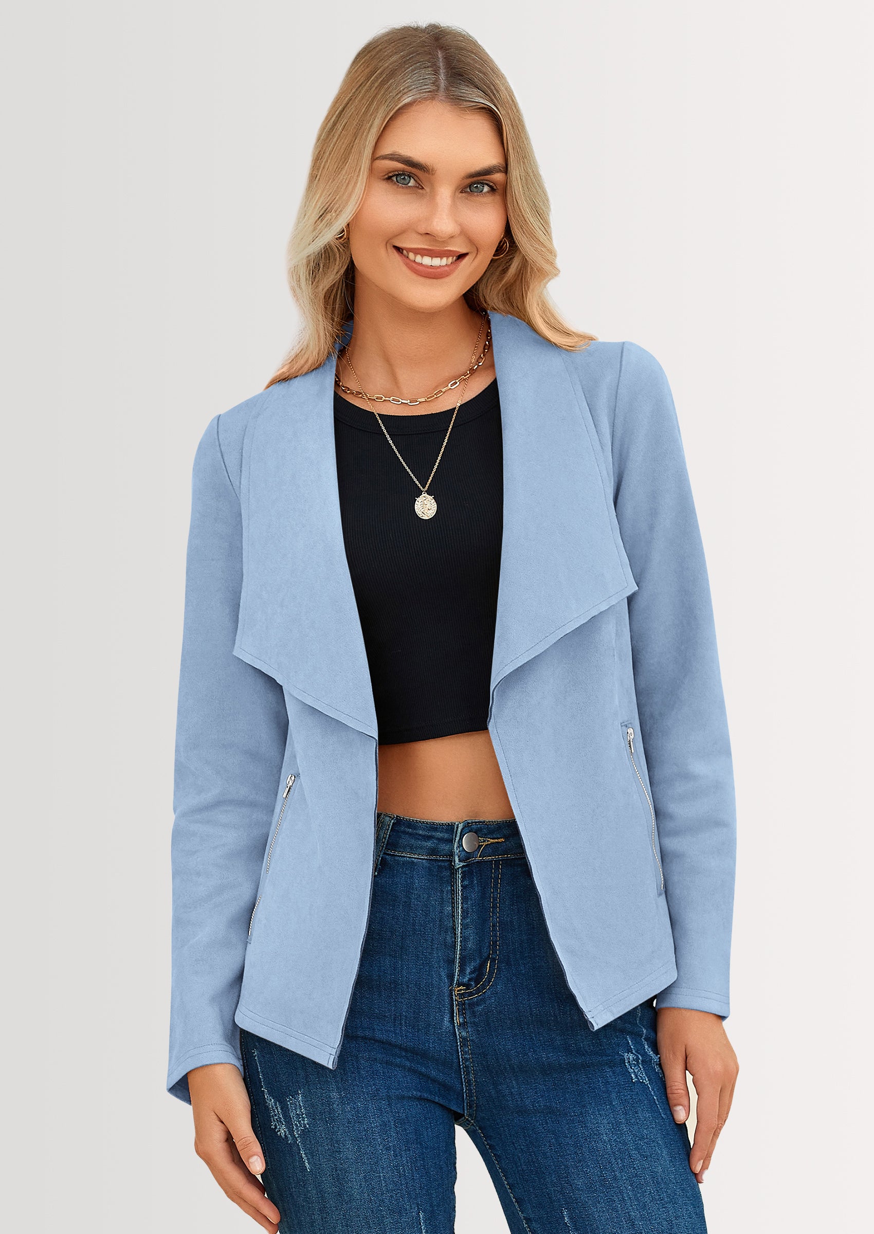 PRETTYGARDEN Women's Faux Suede Jackets Fashion Fall Clothes Long Sleeve Open Front Cropped Coat Outwear