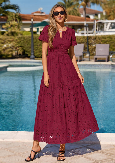 PRETTYGARDEN Short Sleeve Spring Dresses for Women Elegant Classy Boho High Waist A Line Pleated Wedding Guest Dress PRETTYGARDEN