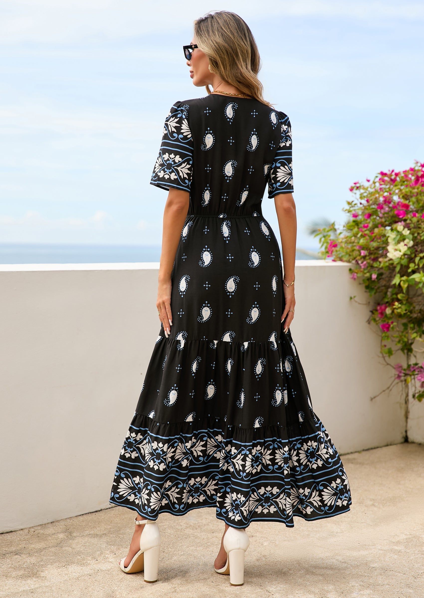 PRETTYGARDEN Womens Summer Boho Maxi Dress Trendy Short Sleeve V Neck Flowy Beach Floral Dresses with Pockets PRETTYGARDEN