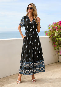 PRETTYGARDEN Womens Summer Boho Maxi Dress Trendy Short Sleeve V Neck Flowy Beach Floral Dresses with Pockets PRETTYGARDEN