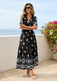 PRETTYGARDEN Womens Summer Boho Maxi Dress Trendy Short Sleeve V Neck Flowy Beach Floral Dresses with Pockets PRETTYGARDEN